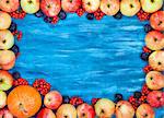 Autumnal frame red apples, pumpkin, rowan on  painted blue wooden background with copy space for text in center, top view