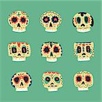 Vector cute ethnic Mexican skulls icons. Dead day symbols collection