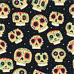 Vector cartoon flat Dead day seamless pattern. Ethnic Mexican skulls background
