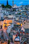 Overview with Matera Cathedral in the background at Dusk, Matera, Basilicata, Italy