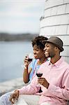 Couple enjoys romantic day at seaside.