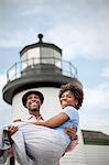 Couple enjoys romantic day at seaside.