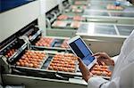 Mid section of female staff using digital tablet next to production line in egg factory