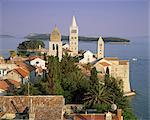 Elevated view of the medieval Rab Bell Towers and town, Rab Town, Rab Island, Dalmatia, Dalmatian coast, Croatia, Europe