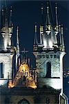 The spires of the Gothic Tyn church at night, Stare Mesto Square, Prague, UNESCO World Heritage Site, Czech Republic, Europe