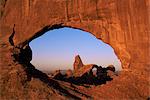 Sunrise, Turret Arch seen through North Window, Arches National Park, Utah, United States of America, North America