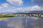 City centre and Hallgrimskirkja on skyline from Perlan viewing deck, Reykjavik, Iceland, Polar Regions