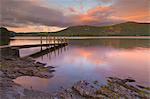 Sunset, Hawes End landing stage jetty, Derwent Water, Lake District, Cumbria, England, United Kingdom, Europe