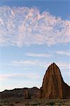 Sunrise at the Temple of the Sun and smaller Temple of the Moon in Cathedral Valley, Capitol Reef National Park, Utah, United States of America, North America