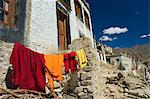 Monk's clothes on line, Tikse (Tiksay) gompa (monastery), Tikse (Tiksay), Ladakh, Indian Himalayas, India, Asia