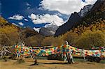 Prayer flags and Xiaruoduojio mountain, Yading Nature Reserve, Sichuan Province, China, Asia