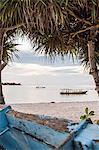 View of sea and boats between trees, Gili Meno, Lombok, Indonesia