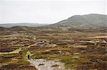 Man cross-country running in wilderness