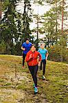 Three athletes jogging through forest