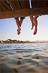 Two pairs of legs dangling off a wooden pier.