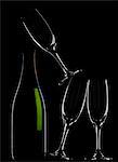 Champagne bottle and glasses against black background