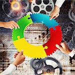 Business people join the colorful puzzle pieces of a gear. Concept of teamwork and integration. 3D Rendering