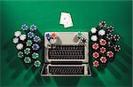 Online poker game app concept with ace cards and stacks of chips on green table, top view