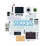 Tablet, smartphone and desktop objects on white background, business success text concepts on white background