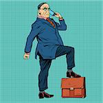 Boss business people, pop art retro illustration realistic drawing. A businessman puts his foot on the briefcase. Talking on the phone