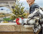 The Party Season in Paris. Portrait of happy modern fashion-monger with Christmas tree in fur coat in Paris, France looking into the distance