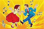 couple man and woman dancing, vintage dance, pop art retro comic book illustration