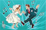 dancing bride and groom, pop art retro comic book illustration. Wedding dance. Twist, rock and partner dance