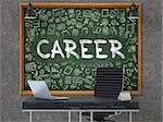 Hand Drawn Career on Green Chalkboard. Modern Office Interior. Dark Old Concrete Wall Background. Business Concept with Doodle Style Elements. 3d.