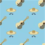 Mexican Guitar with Hat and Mustaches Seamless Pattern on Blue Background.