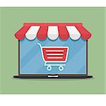 Online store concept illustration, laptop with awning and shopping cart icon, flat design, vector eps10 illustration