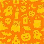 Halloween seamless pattern in yellow and orange colors. Vector background with scary pumpkin, bats, ghost and skull icons.