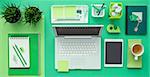 Green creative and eco-friendly desktop with laptop and office accessories, business and environmental care concept, flat lay