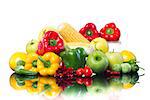 Healthy fresh colorful vegetables and fruits on white background.