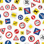 A lot of different road signs isolated on white, seamless pattern