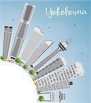 Yokohama Skyline with Gray Buildings, Blue Sky and Copy Space. Vector Illustration. Business and Tourism Concept with Modern Buildings. Image for Presentation, Banner, Placard or Web Site.