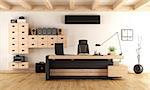 Contemporary office with wooden furniture and air conditioner - 3d rendering