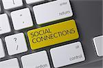 Social Connections Concept: Metallic Keyboard with Social Connections, Selected Focus on Yellow Enter Keypad. 3D Illustration.