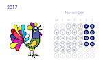 Rooster calendar 2017 for your design. November month. Vector illustration