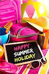 Happy summer holidays card with colorful text on blackboard.