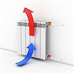 Radiator. Directional arrows Convention blue - cold, red - hot 3d render