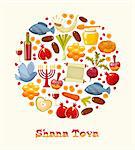 Rosh Hashanah, Shana Tova or Jewish New year cartoon flat vector icons round background.Traditional symbols of Jewish new year holiday Rosh Hashanah