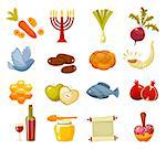 Rosh Hashanah, Shana Tova or Jewish New year cartoon flat vector icons set.Traditional symbols of Jewish new year holiday Rosh Hashanah