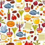Rosh Hashanah, Shana Tova or Jewish New year seamless pattern, with honey, apple, fish, bottle, torah ,lettuce, date, beet and other traditional items. Cartoon flat style vector illustration
