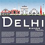 Delhi Skyline with Gray Buildings, Blue Sky and Copy Space. Vector Illustration. Business Travel and Tourism Concept with Historic Buildings. Image for Presentation Banner Placard and Web Site.