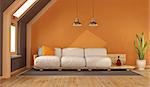 Orange living room in the attic with pallet sofa - 3d rendering