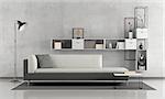 Black and white minimalist lounge with sofa and modern bookcase on concrete wall - 3d rendering