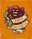 Vintage postcard with monster and old ribbon for halloween