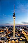 Panoramic view over Berlin at dusk from roof of the Hotel Park Inn Berlin.