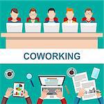 Coworker concept. Business meeting in office, conference, teamwork, brainstorming. Flat style modern design