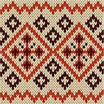 Abstract knitting ornamental seamless vector pattern with rhombus and crosses in orange, beige and brown colors as a knitted fabric texture